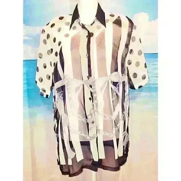 FASHION AGE Woman's SHEER Career Casual Blouse NAVY BLUE & WHITE Button Down Lg - Picture 1 of 6